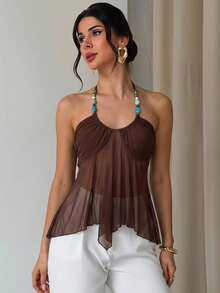 Top camisola elegante bohemio para vacaciones de mujer, decoración de cuentas marrones, dobladillo en línea A, malla de punto transparente, estilo callejero boho, vibra tropical sexy - Marrón - Ver 10