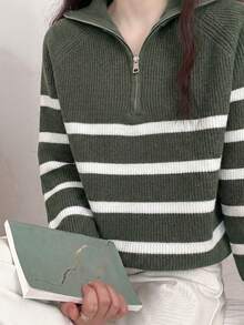 Striped Half-Zip Long Sleeve Knit Sweater - Green - View 4