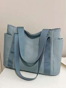 Tas Tote Kasual Minimalis Warna Polos Bergaya, Kapasitas Besar, Tas Bahu Wanita, Liontin Tidak Termasuk - Baby Blue - View 6