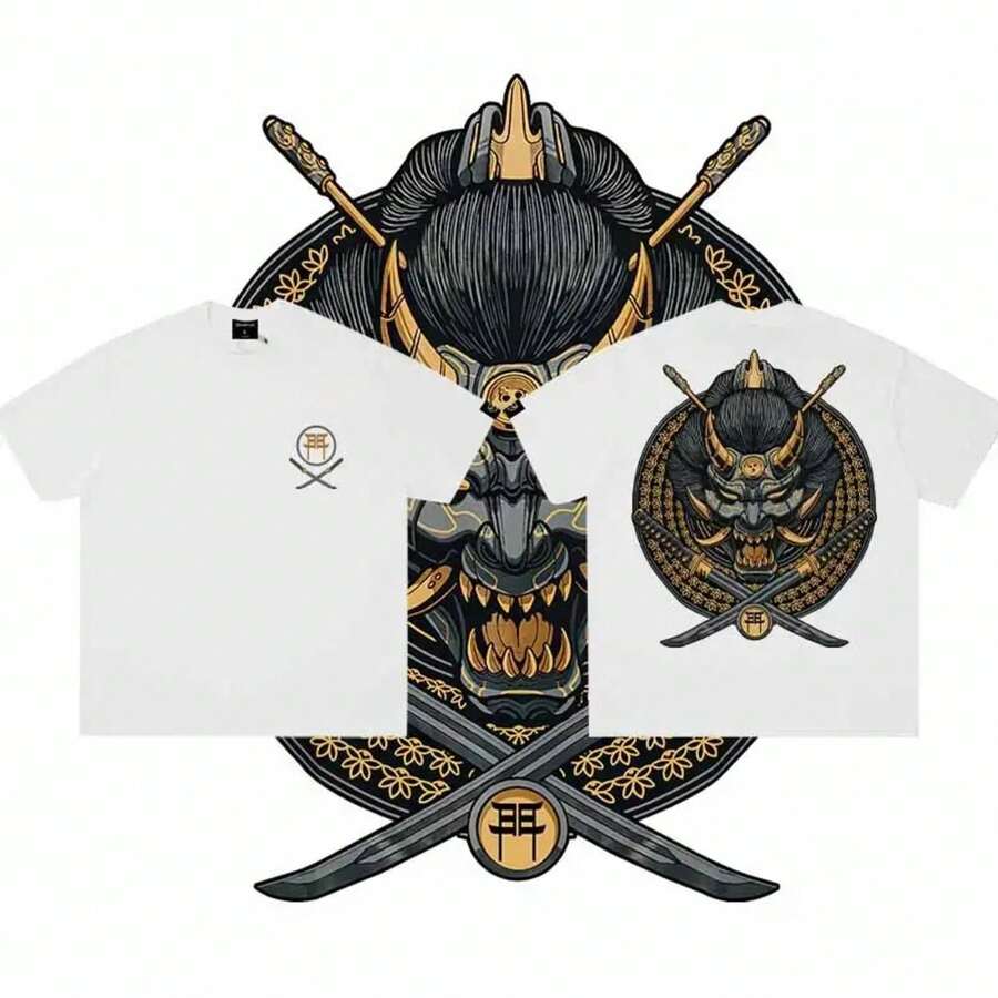 Unisex Black T-Shirt 100% Unwashed Cotton, A320 Geisha Design With Hannya Mask, Anime And Samurai Style, Streetwear Aesthetic Fashion, Casual Wear For Men And Women, Perfect For Use - 咖啡棕 - 查看 1