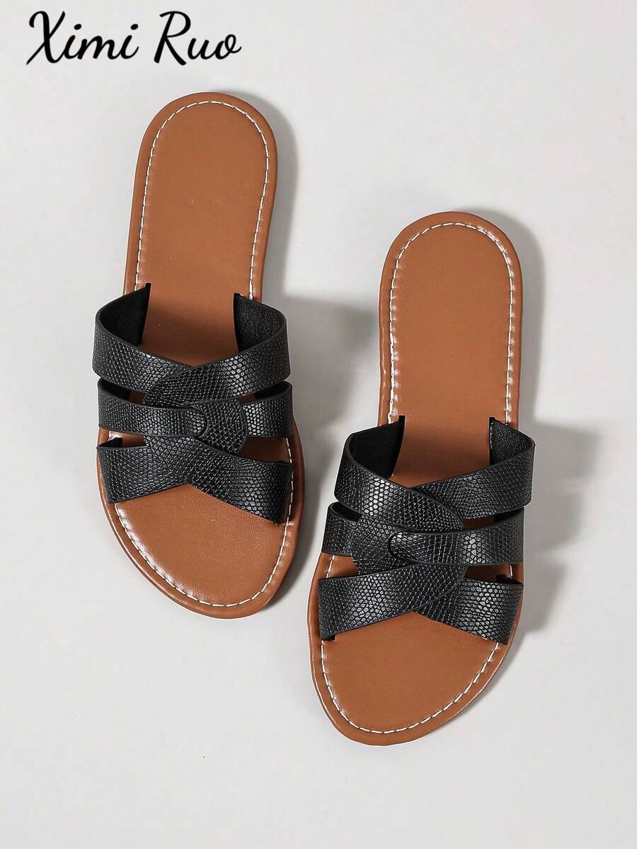 Ximi Ruo Women's Casual Flat Woven Roman Sandals, Suitable For Spring, Summer, Outdoor, Beach, Apartment, Dress Matching, Fashion Slip-On Slippers - Black - View 1
