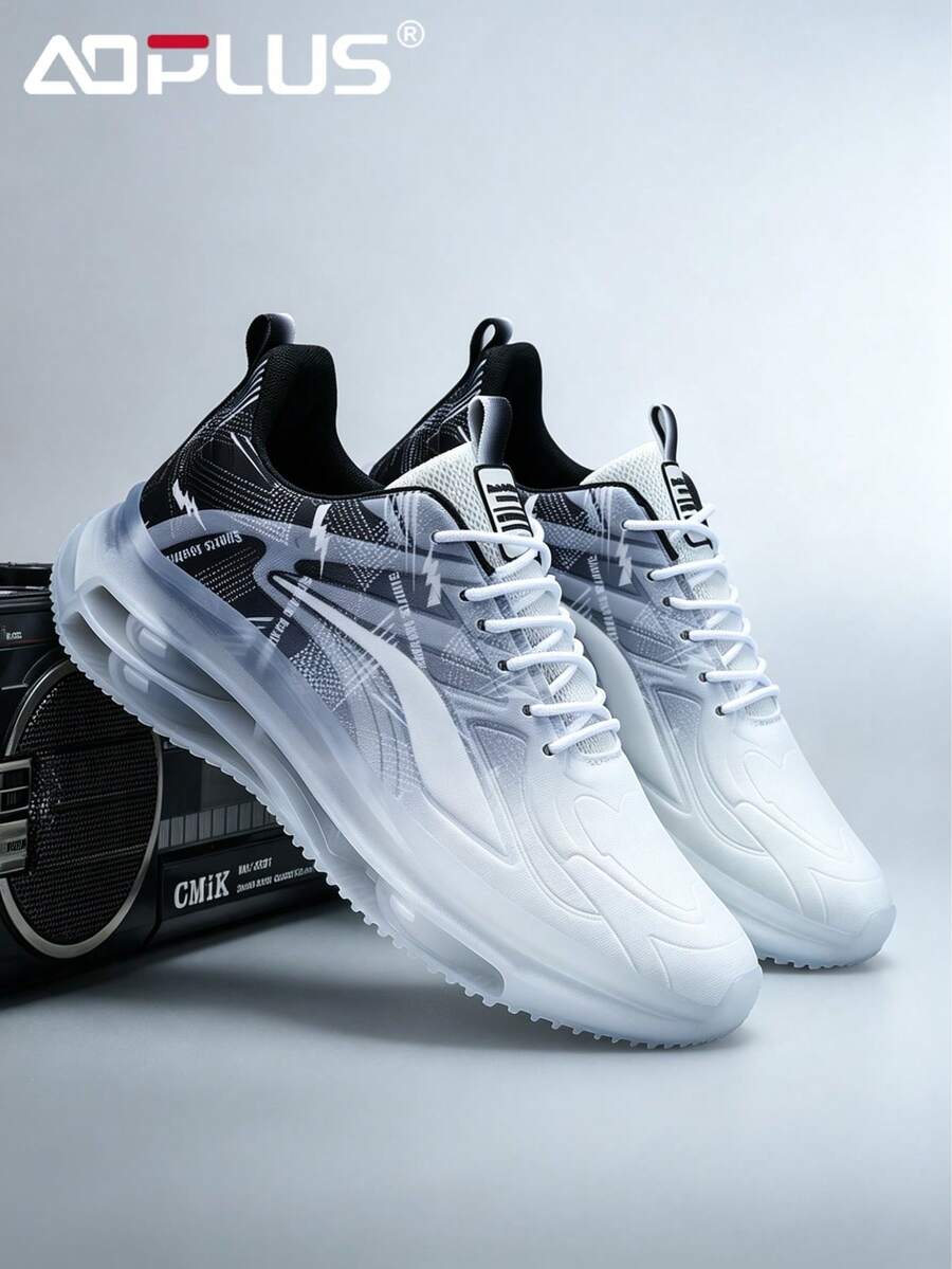 AoPlus Men's Semi-Transparent Air Cushion Running Shoes, Casual Sports Sneakers For Men, Breathable Gradient Mesh Athletic Shoes, Non-Slip Thick-Soled Casual Walking And Training Shoes - 黑與白 - 查看 1