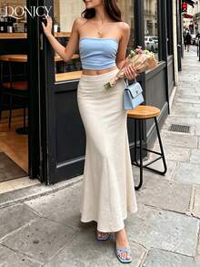 DONICY Women's Ivory High Waist Slim Fit Mermaid Long Dress, Textured Fabric, Suitable For Office And Party Wear - Apricot - View 7