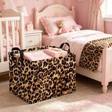 1pc Classic Leopard Print Foldable Fabric Storage Basket With Handle, Animal Cheetah Pattern Collapsible Storage Box, Multi-Functional Clothes & Sundries Bedroom Closet Organizer, Home Decor Room Arrangement - View 4