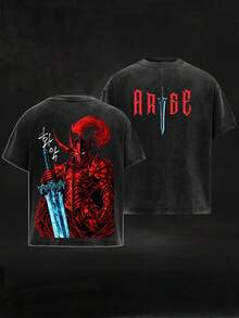 Camiseta gráfica "Knight Arise" con bajo curvado y efecto lavado, ropa casual de calle para hombres y mujeres. Confeccionada con tela de algodón puro suave, cómoda y duradera, esta - Negro - Ver 1