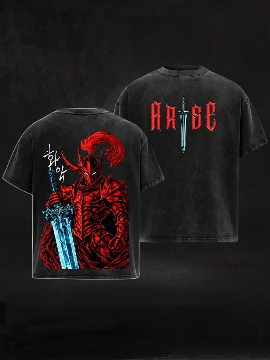 Camiseta gráfica "Knight Arise" con bajo curvado y efecto lavado, ropa casual de calle para hombres y mujeres. Confeccionada con tela de algodón puro suave, cómoda y duradera, esta - Negro - Ver 1