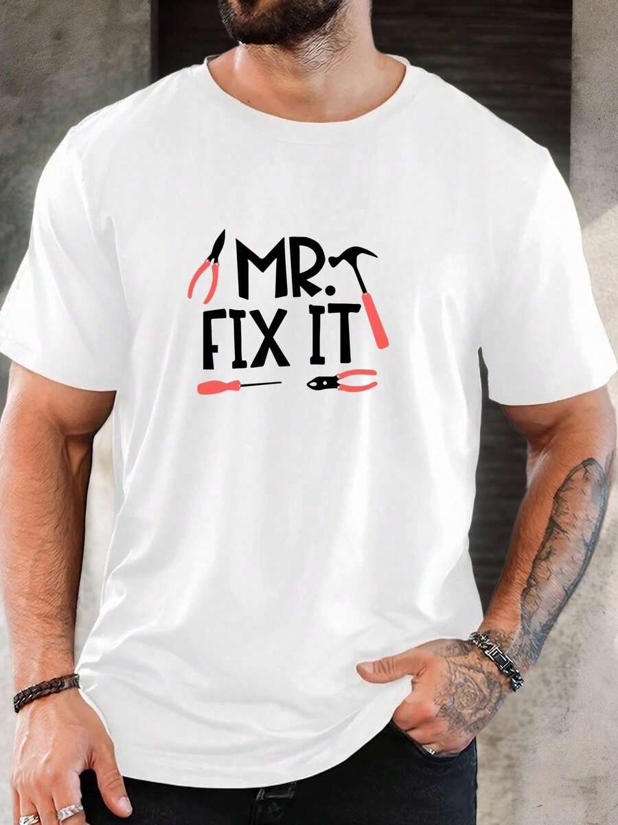 Men's T-Shirt With Repair Tool Print, Summer, Casual, Crew Neck, Short Sleeve. - 白色 - 查看 1