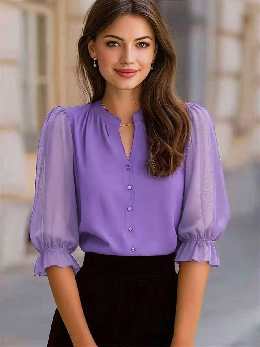 Blus Wanita Elegan Leher Bulat Lengan 3/4 dengan Detail Jala Transparan dan Motif Kelopak Bunga, Pakaian Kerja Musim Semi/Panas, Warna Lavender - Ungu Taro - View 1
