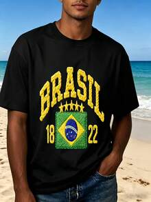 Brazil Flag Embroidered T-Shirt Black 1822 Design Men's Casual Wear Fashion  Streetwear Outdoor Leisure Perfect Gift For Travel And Beach Activities - 黑色 - 查看 1