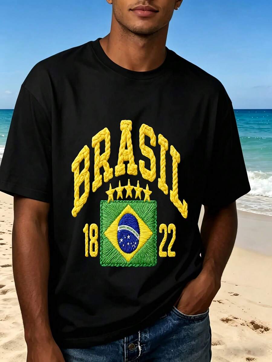 Brazil Flag Embroidered T-Shirt Black 1822 Design Men's Casual Wear Fashion Streetwear Outdoor Leisure Perfect Gift For Travel And Beach Activities - 黑色 - 查看 1