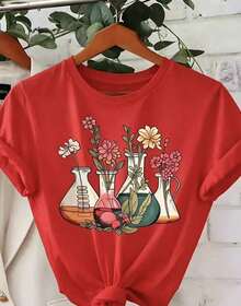 Gift 1 Women's T-Shirt 100% Breathable Cotton [Scientific Floral Print Shirt] Women's Scientific And Botanical Laboratory Floral Print Shirt - 紅色 - 查看 1