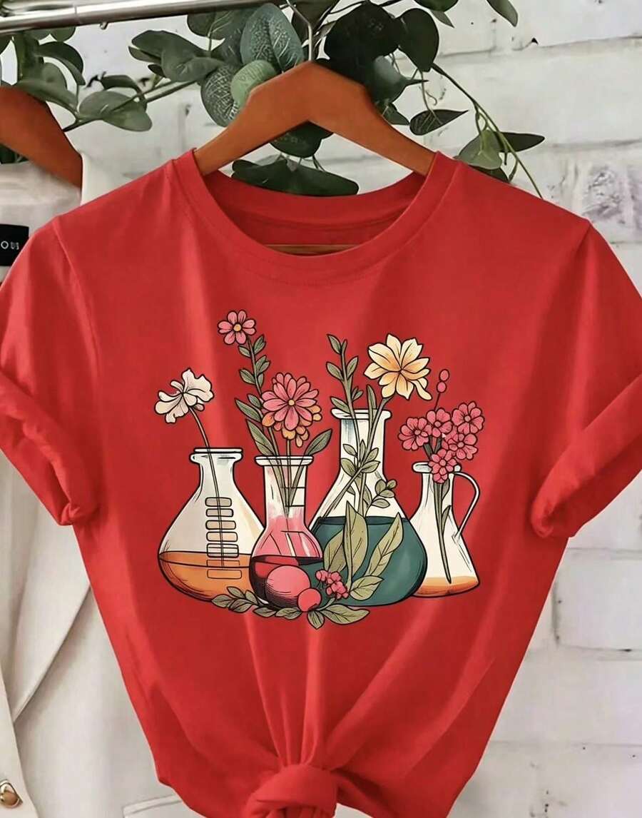 Gift 1 Women's T-Shirt 100% Breathable Cotton [Scientific Floral Print Shirt] Women's Scientific And Botanical Laboratory Floral Print Shirt - 紅色 - 查看 1