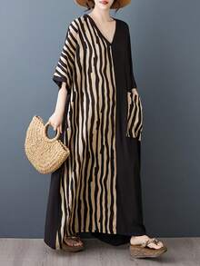 AZAH Vestido suelto de línea A a rayas para mujer talla grande con bolsillos, mangas cortas de murciélago, vestido bohemio casual de vacaciones de playa elegante negro verano 2026 - Negro - Ver 10