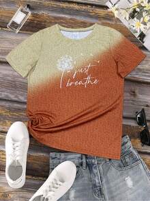 Dandelion Print T-Shirt With The Phrase "Just Breathe", Casual Short Sleeve Top With Round Neck, Women's Clothing - 棕色 - 查看 2