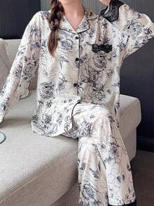 2pcs Lace Trim Contrast Color Long Sleeve & Pants Pajama Set, Ditsy Floral Casual Loungewear For All Seasons - Black and White - View 7