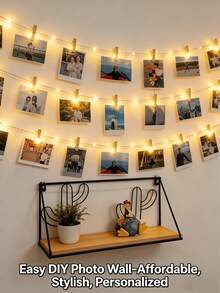 Photo Clips (3.5cm*0.7cm) + Hemp Rope, Create A Decorative Memory Display, It Can Hang Polaroids, Postcards, Notes And Small Artworks, Transforming Blank Walls Into A Beautiful Memory Display Wall, Ideal For Bedroom, Living Room, Dorm, Wedding And Party Decoration. This Easy-To-Use Set Supports Rearranging Your Favorite Moments Anytime, Adding A Warm And Romantic Atmosphere To Any Space. - Multicolor - View 8