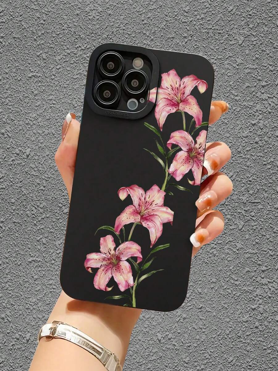1 pieza Funda protectora de teléfono con patrón de flor de lirio rosa, resistente al agua, duradera, a prueba de polvo, de moda, minimalista, protección de cámara, textura mate negra de cobertura completa, compatible con iPhone 17/16/15/14/13/12/11/7/8/XR/XS/Plus/Pro/Promax y serie Galaxy S/A, adecuada como regalo para amigos, familia, novia, novio, regalo perfecto para vacaciones - Negro - Ver 1