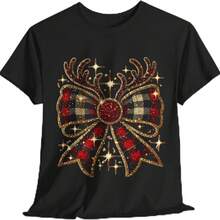 Christmas Reindeer Bow Unisex Heavy Cotton Tee - Holiday Elk Ribbon T-Shirt, Festive Xmas Deer Knot Shirt, Winter Buck Tie - Black - View 8