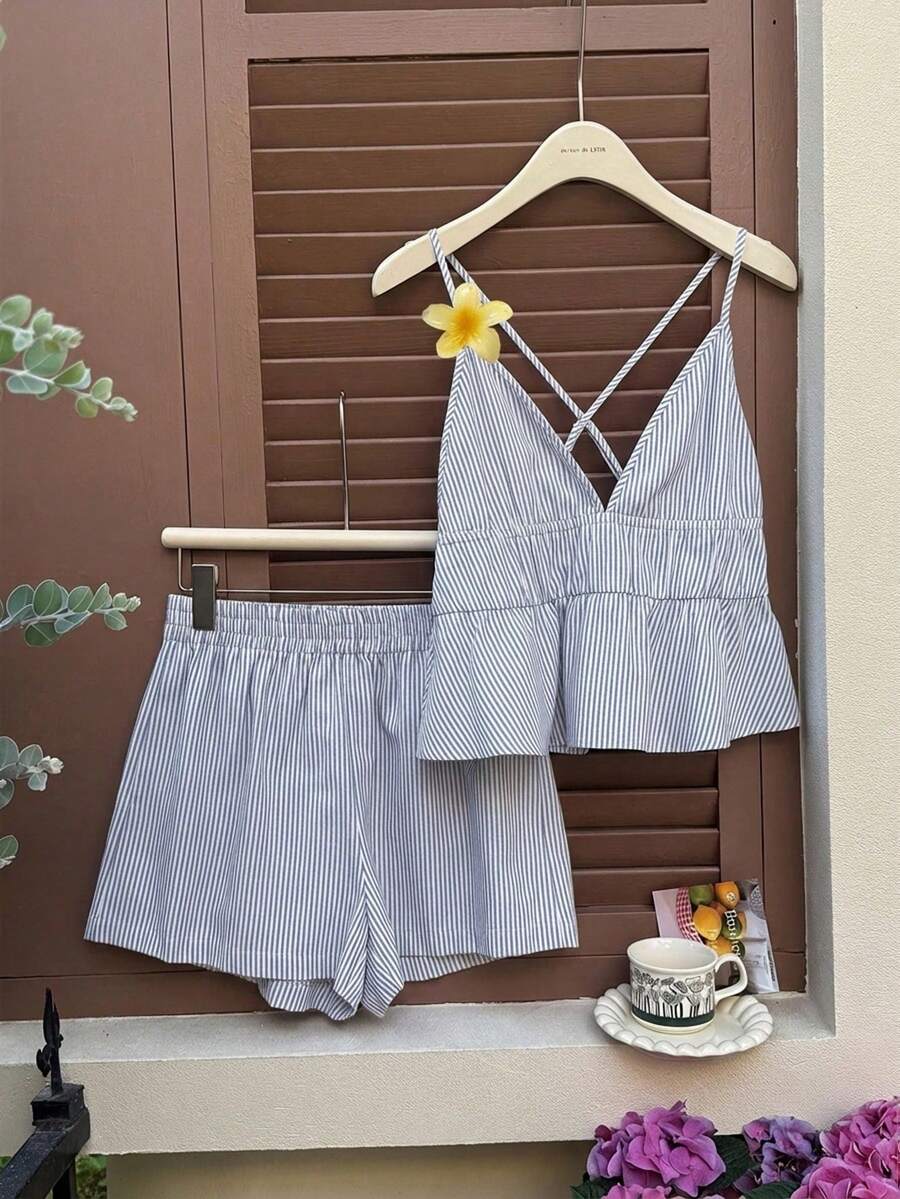 Women's Casual Blue Knitted Camisole And Shorts Set, Brand - 藏蓝色 - 查看 1