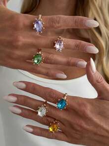 1pc Silver-Tone Oval-Shaped Colorful Crystal Open Ring, Multi-Color Rhinestone Adjustable Stackable Finger Ring, Minimalist Style Women's Daily And Party Wear Jewelry, Also Suitable As A Gift - Gold Open Ring - View 2