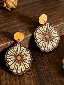 1 Pair Bohemian Light Orange Wooden Round Disc With Vintage Line Daisy Print Long Earrings - Orange - View 4