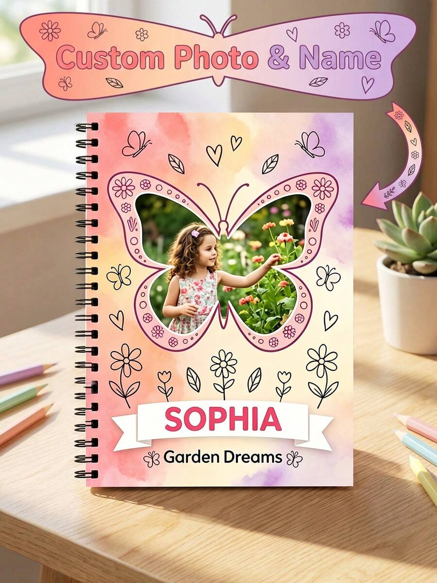Cuaderno espiral de mariposa con foto personalizada para niños, diario infantil personalizado con nombre en acuarela, cuaderno de bocetos infantil personalizado con flores y mariposas. - Multicolor - Ver 1