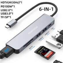 Type-C 6合1擴充塢，支援 4K 30Hz 高畫質影片輸出、PD100W 供電、USB 2.0/3.0 接口、SD/TF 讀卡機、100W 輸出功率、USB-C 多功能接口，相容電腦、Android Pro/Max、S23 及其他設備 - 銀色 - 查看 10