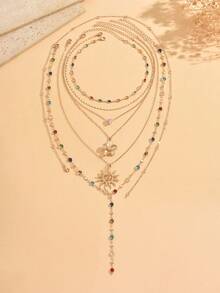 6 piezas/Set Collares de Lujo Vintage Multicapa Apilables con Tono Dorado y Cristales de Colores con Colgante de Girasol, Joyería de Cuello Versátil para Mujeres para Uso Diario y Fiestas de Vacaciones, Longitud de Cadena Cortada por Sección, Colores de Cristales Aleatorios - Multicolor - Ver 2