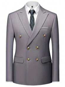 Men's Fashion New Business Solid Color Slim Fit Elastic Suit 2 Pieces Set, Includes Double-Breasted Blazer And Pants, Work Formal Evening Wear Outfit - Light Grey - View 3