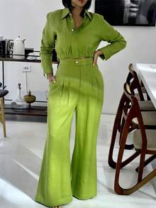 Setelan 2 Potong Wanita Minimalis untuk Sehari-hari, Elegan, Kasual, Warna Polos, untuk Musim Semi/Gugur - Lime Green - View 3