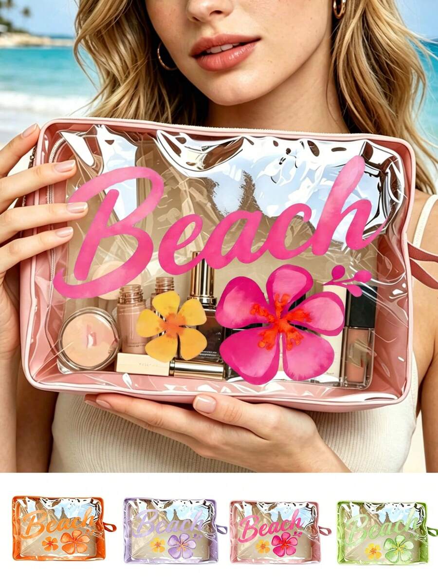 彩色透明化妝包-文具收納袋-印有 BEACH 字樣與花朵,防水透明旅行盥洗包附拉鍊,便攜式化妝收納袋,適合女性,可收納化妝品、盥洗用品與旅行必需品,適用於日常使用、度假、出差、健身、海灘,適合學生、旅行者與美容愛好者,適合夏季假期、生日與伴娘禮物,返校季禮物 - 彩色 - 查看 1