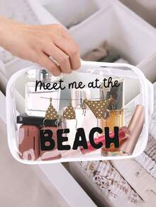 「Meet Me At The Beach」字母印花 PVC 防水沙灘包，豹紋泳裝圖案，PVC 化妝包，拉鍊密封 PVC 旅行收納袋，輕量耐褪色女士化妝盥洗包，TSA 認證便攜化妝收納盒，易清潔設計，適合母親、老師、朋友、護理師，適用於學校、度假、假日、返校用品盥洗包 - 彩色 - 查看 7