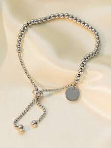 MECYLIFE 1pc Stainless Steel Beaded Bracelet For Women, Adjustable, Non-Fading, Personalized Polished Round Disc Jewelry - Silver - View 2