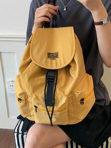 Summer Large Capacity Fashion Plaid Multi-Pocket Nylon Casual Backpack, Waterproof Lightweight Foldable Drawstring Patch Letter Travel Bag - Yellow - View 3