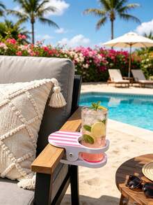 6/1pc Striped Clip On Drink Holder Anti Spill Cup Tray With Strong Clamp Fit Most Patio Beach Pool Camping Chairs Portable Outdoor Beverage Cup Stand Multicolor Stripe Design All Season For Backyard Picnic Travel Summer Party Accessory - Multicolor - View 3