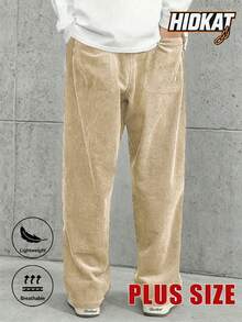 Plus Size Men's Corduroy Straight Leg Retro Pants, Drawstring Elastic Waist, Suitable For Casual, Sports, Hiking Wear, Spring/Autumn - Khaki - View 4