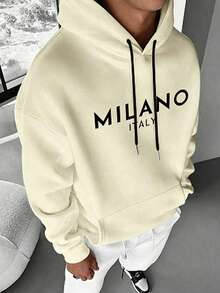 Men's Italian Print Casual Sports Commute Versatile Letter Long Sleeve Hooded Fleece Sweatshirt - Khaki - View 1