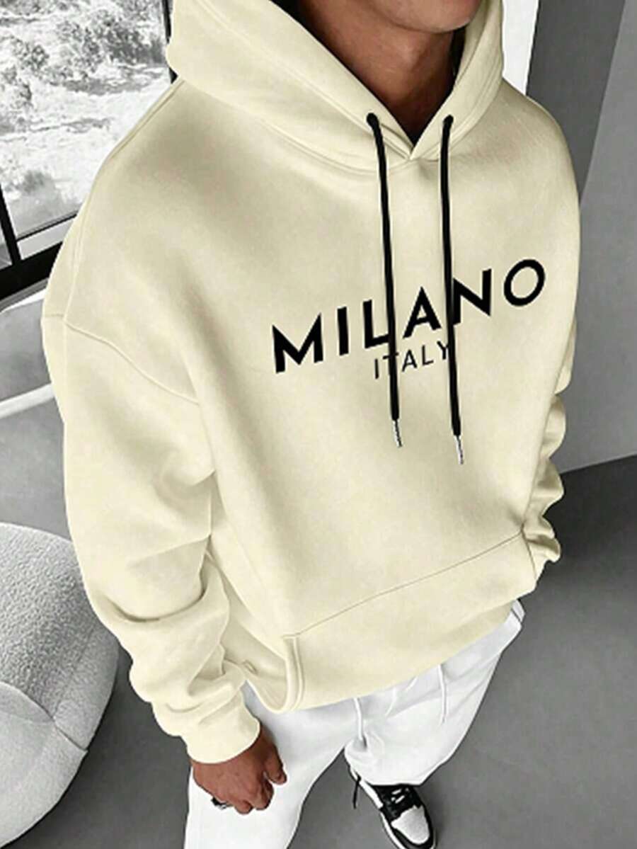 Men's Italian Print Casual Sports Commute Versatile Letter Long Sleeve Hooded Fleece Sweatshirt - Khaki - View 1