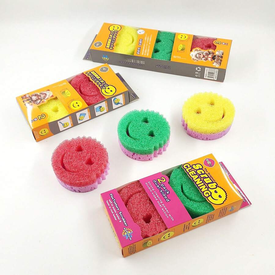 3Pcs Smiling Face Kitchen Cleaning Sponges, Non-Scratch Dish Scrubber Sponges, Cute Multi-Purpose Cleaning Pads For Dishes, Sink, Pots, Pans, Countertops & Household Cleaning, Random Colors - Multicolor - View 1