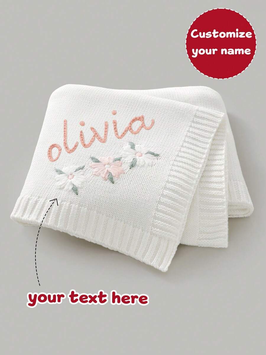 1pc Customizable Name Hand Embroidered Baby Knitted Blanket, Exquisite Pastoral Style Embroidery, Comfortable Minimalist Children Blanket, All-Season Baby Stroller Blanket - White - View 1