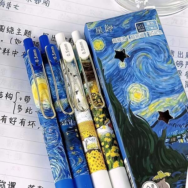 Van Gogh Starry Night 4-Piece Pen Set, High Quality, Retractable, 0.5mm Fine Tip, Smooth Writing - Perfect For Journaling And School Supplies, Van Gogh Retractable Gel Pen, -Worthy Retractable Pen, Student-Friendly Fast-Drying Smooth Writing Pen