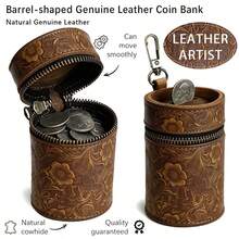 Handmade Piggy Bank Made Of Top-Grain Cowhide With Tang Grass Pattern, Fits Into Car Cup Holders, Coin Purse, Coin Storage Box, Money Clip, - Tang Grass Pattern - Coffee Color - View 1