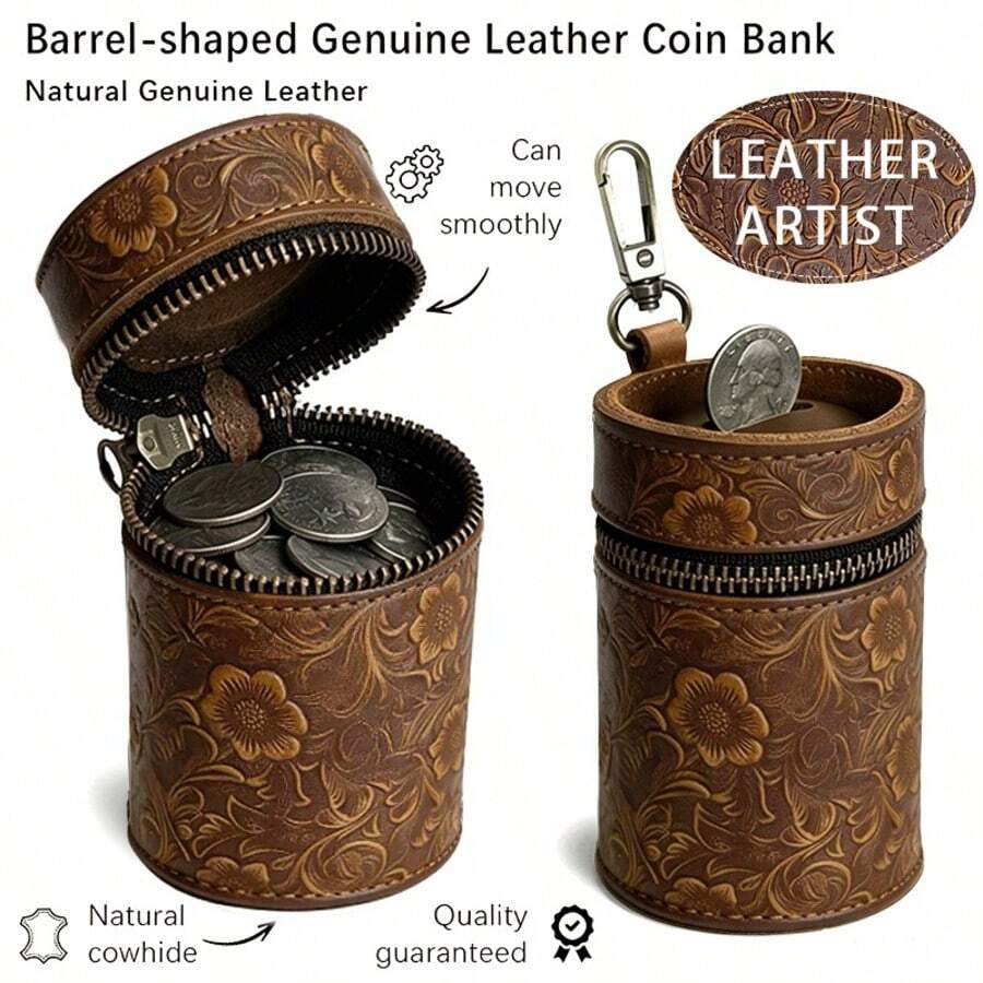 Handmade Piggy Bank Made Of Top-Grain Cowhide With Tang Grass Pattern, Fits Into Car Cup Holders, Coin Purse, Coin Storage Box, Money Clip, - Tang Grass Pattern - Coffee Color - View 1
