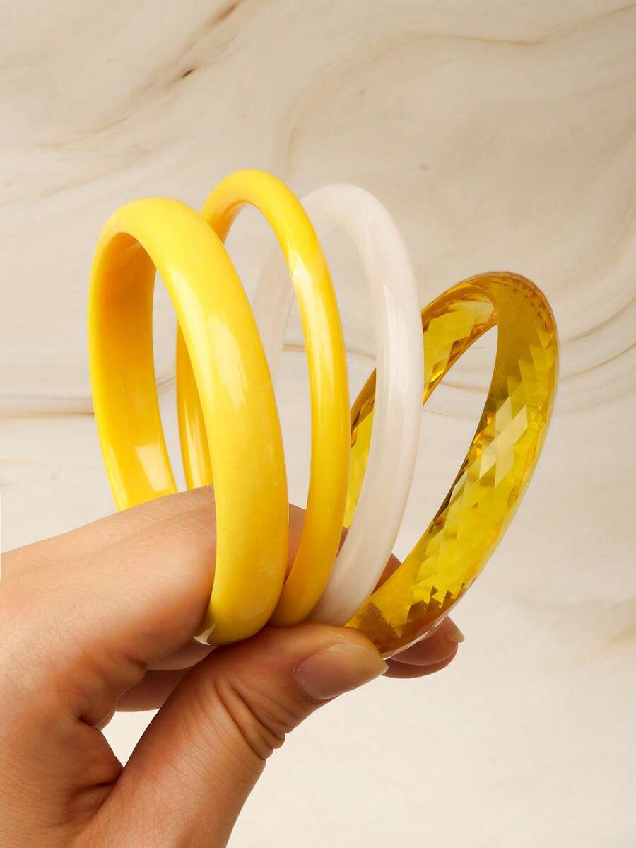 4件組復古樹脂琥珀紋壓克力手環,時尚百搭,適合女性日常配戴 - 黃色 - 查看 1