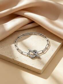 1 Peça Pulseira Feminina de Aço Inoxidável com Fecho OT, Estilo de Pulseira Fina com Corrente de Elos Retangulares, Núcleo de Fecho em Forma de T com Coração Oco, Estilo Minimalista de Luxo Francês Ins, Cor Dourada, Não Oxida e Não Desbota, Adequada para Uso Diário, Compras, Encontros, Viagens, Perfeita como Presente de Acessório de Atmosfera Suave para Aniversário, Dia dos Namorados, Melhor Amiga, Namorada - Pulseira - Visão 7