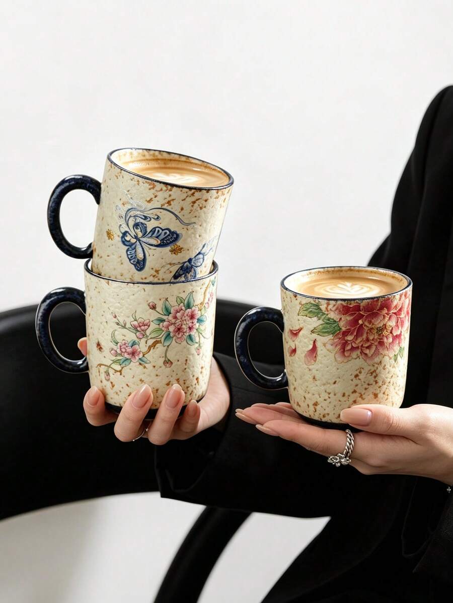 1pc Vintage Distressed Spotted Ceramic Mug, Hand-Painted Peony Butterfly Floral Coffee Cup, Gentle Floral Pattern Home Breakfast Milk Oatmeal Cup, Influencer Coffee Photography Prop, Tea Room Afternoon Tea Flower Cup, Commercial Cafe Display Vessel, Retro Coarse Ceramic Texture Desktop Decor Water Cup. Gift For Best Friend, Holiday Gift, Office Desktop Water Cup, Breakfast Milk Cup, Holiday Birthday Gift - Multicolor - View 1