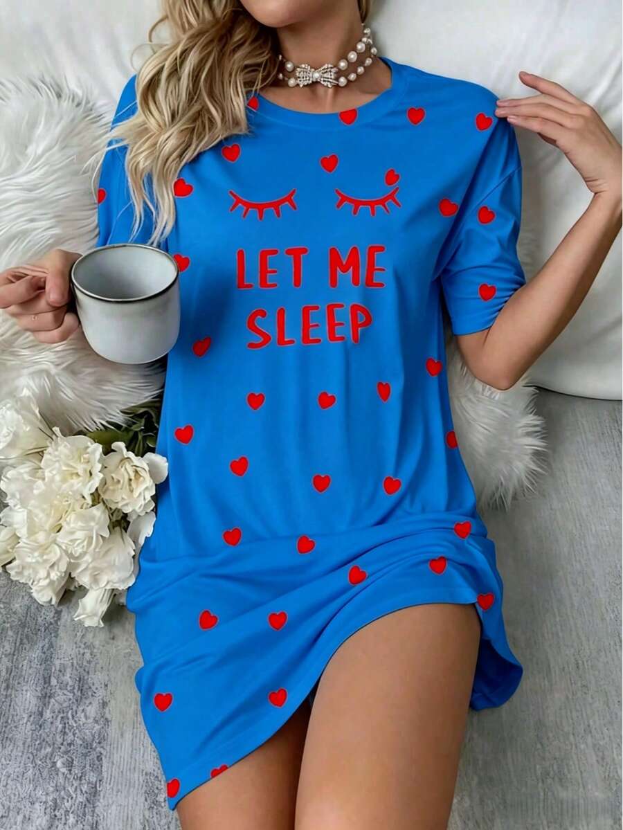 Women's "Sleep" Slogan Eyelash Pajamas - Comfortable Short Sleeve Round Neck T-Shirt Dress, With Heart Accents, All-Season Knit Sleepwear - Royal Blue - View 1