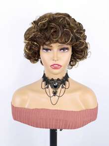 Short Loose Curly Bob Pixie Cut Wig ,Glueless Egg Wave Human Hair Wig Afro Kinky Curly Pixie Cut Wig Loose Curly Human Hair Wig With Bangs With Pixie Cut Wig Machine Made Rose Net Cap Pixie Cut Available In Three Colors Black/Orange/Piano Two-Tone - Multicolor - View 4