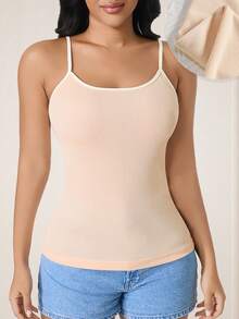 CELILIN Minimalist Contrast Color Spaghetti Strap Tank Top, Korean Style Contrast Ribbed Camisole, Slim Fit Flattering Versatile Inner Layer Top - Apricot - View 3