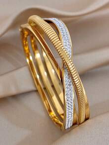 1Pc/3pcs Golden Luxury Zirconia Geometric Bangle Bracelet For Women,Stainless Steel Set,Daily/Beach Boho/Party/Wedding,Mom Gift,Valentine Birthday - Multicolor - View 8